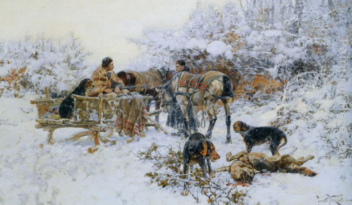 A winter hunt painting - Jaroslav Fr. Julius Vesin A winter hunt art painting